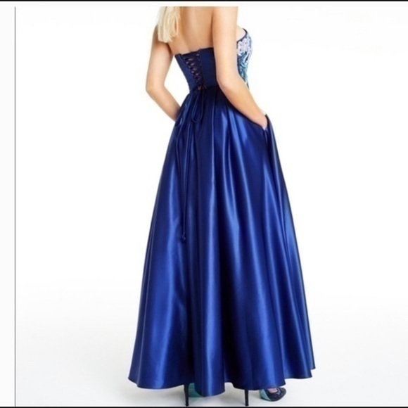 Blondie Blue Embroidered Strapless Ballgown Prom Dress - Picture 3 of 15